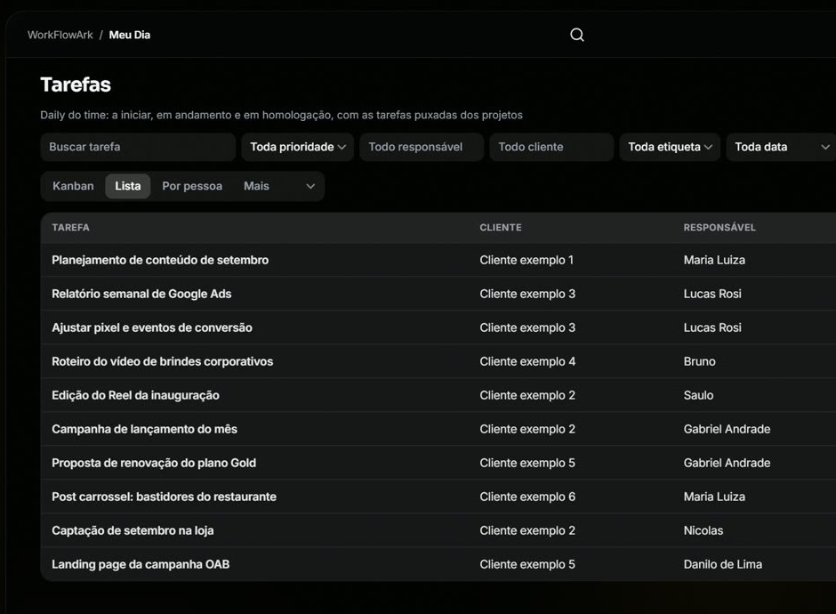 Tarefas em lista com cliente e responsável