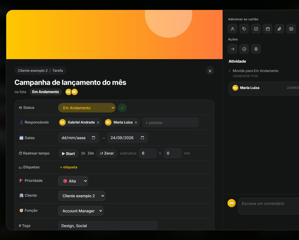 Cartão da tarefa aberto com capa, responsáveis, datas e cronômetro